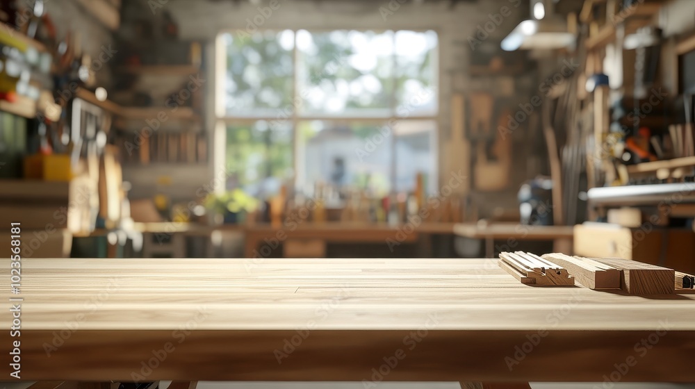Woodworking tools and supplies are neatly arranged on a well-lit workbench in a shop Woodworking tools and supplies are neatly arranged on a well-lit workbench in a shop