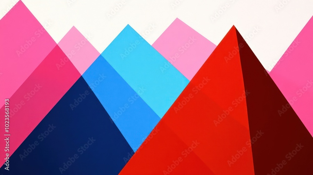 Abstract illustration of colorful geometric mountains in various shades.