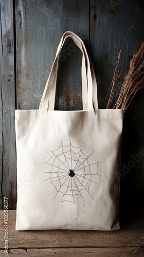 A creepy spider-themed tote bag with a large spider web design across the front, accented by tiny black spiders crawling along the edges. photo