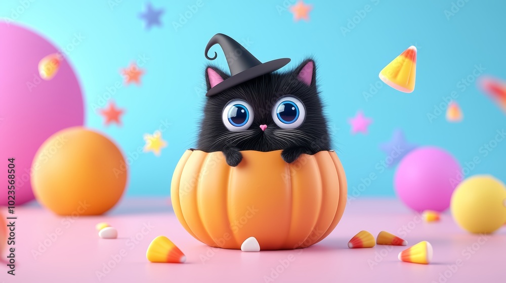 A cute black cat with big eyes, sitting inside a pumpkin with a tiny witch hat on, surrounded by floating stars and candy corn. A cute black cat with big eyes, sitting inside a pumpkin with a tiny witch hat on, surrounded by floating stars and candy corn.