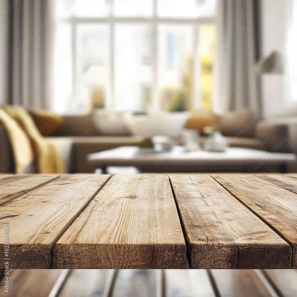 Wooden Tabletop with Blurred Living Room Background