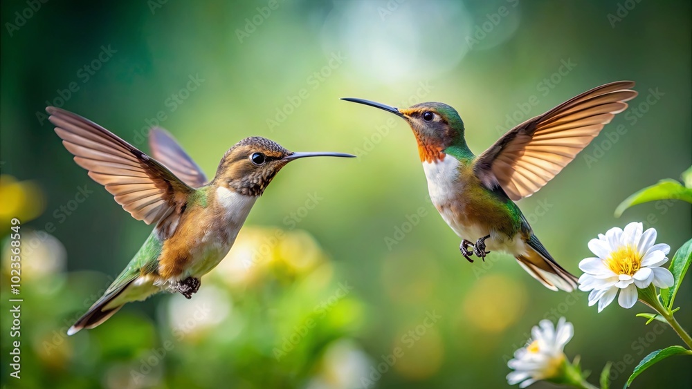 Hummingbirds in Flight Near Colorful Flowers Hummingbirds in Flight Near Colorful Flowers