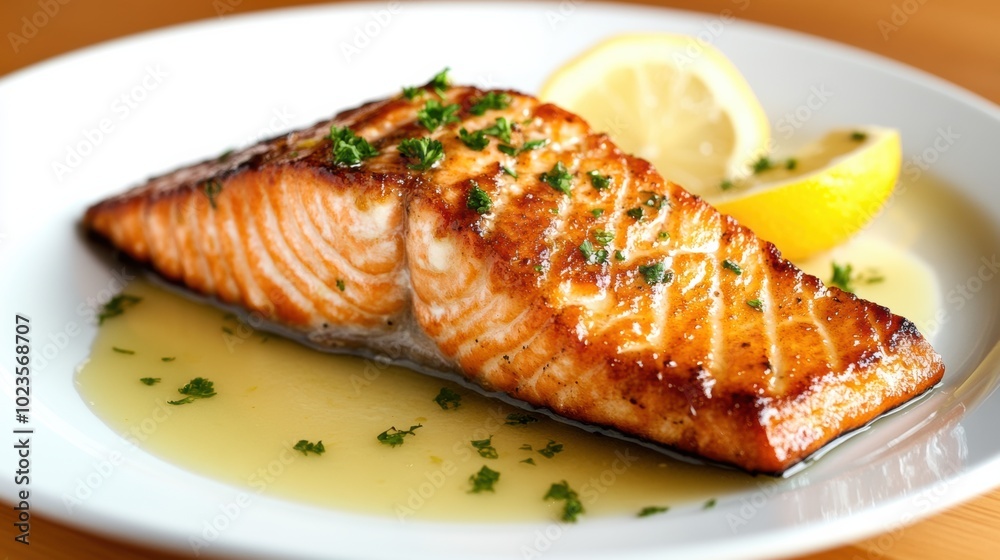 Delectable Grilled Salmon Fillet Plated with Lemon Herb Sauce Delectable Grilled Salmon Fillet Plated with Lemon Herb Sauce