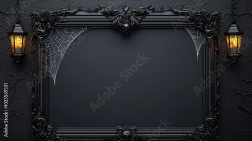 A dark, gothic-inspired Halloween frame with intricate wrought iron detailing, complete with cobwebs and hanging lanterns in the corners. photo