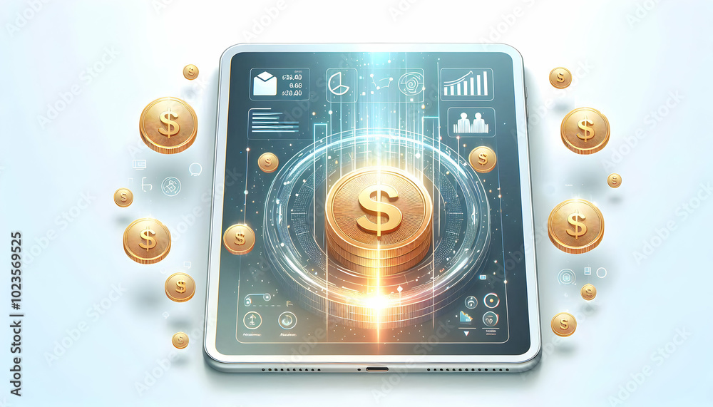 Flat Tablet Mockup with Holographic Coin Symbols for Financial Themes � Bright Vector Illustration of Savings and Profits on Glossy White Background Flat Tablet Mockup with Holographic Coin Symbols for Financial Themes � Bright Vector Illustration of Savings and Profits on Glossy White Background