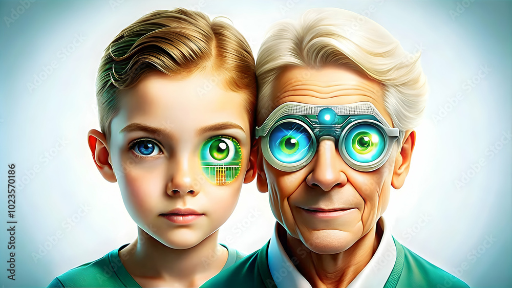 Close-Up of Futuristic Smart Contact Lens on Young Adult with Elderly Sibling - Macro Shot Highlighting Augmented Reality Vision Technology for Siblings' Interaction in Photo Stock Concept Close-Up of Futuristic Smart Contact Lens on Young Adult with Elderly Sibling - Macro Shot Highlighting Augmented Reality Vision Technology for Siblings' Interaction in Photo Stock Concept