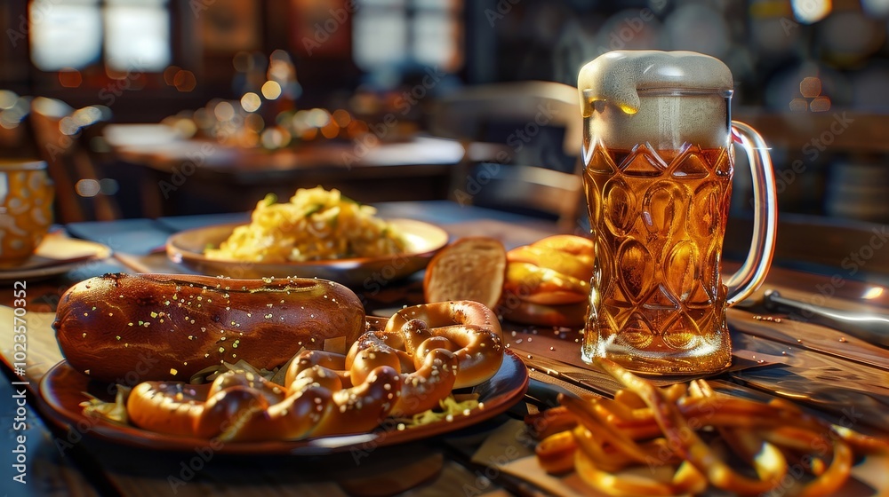 Savor the Flavors of Oktoberfest Traditional German Meal with Pretzels Bratwurst Sauerkraut and Beer Stein Savor the Flavors of Oktoberfest Traditional German Meal with Pretzels Bratwurst Sauerkraut and Beer Stein