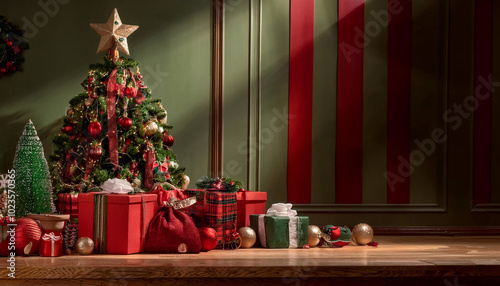 Christmas backdrop with festive decorations featuring a red and green theme, creating a classic holiday atmosphere.