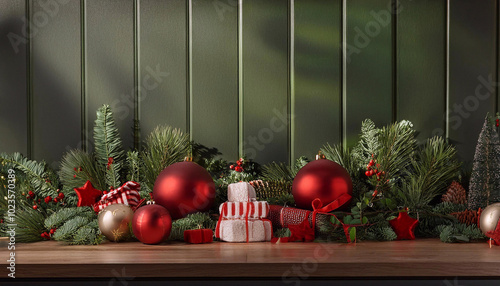 Christmas backdrop with festive decorations featuring a red and green theme, creating a classic holiday atmosphere.