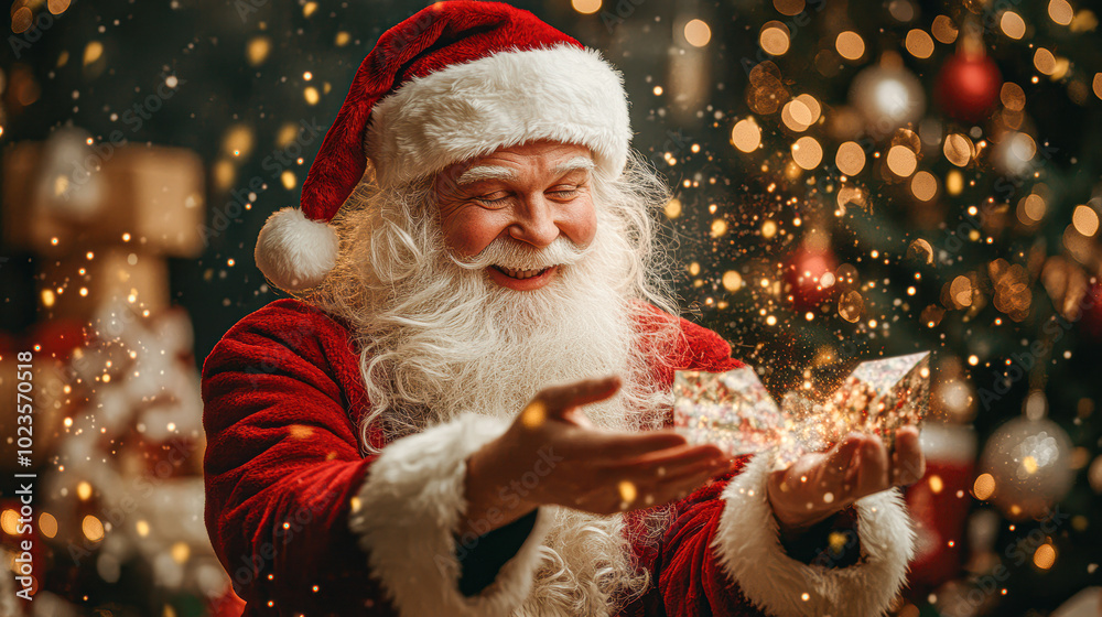 A smiling Santa Claus holding a box in his hand A smiling Santa Claus holding a box in his hand