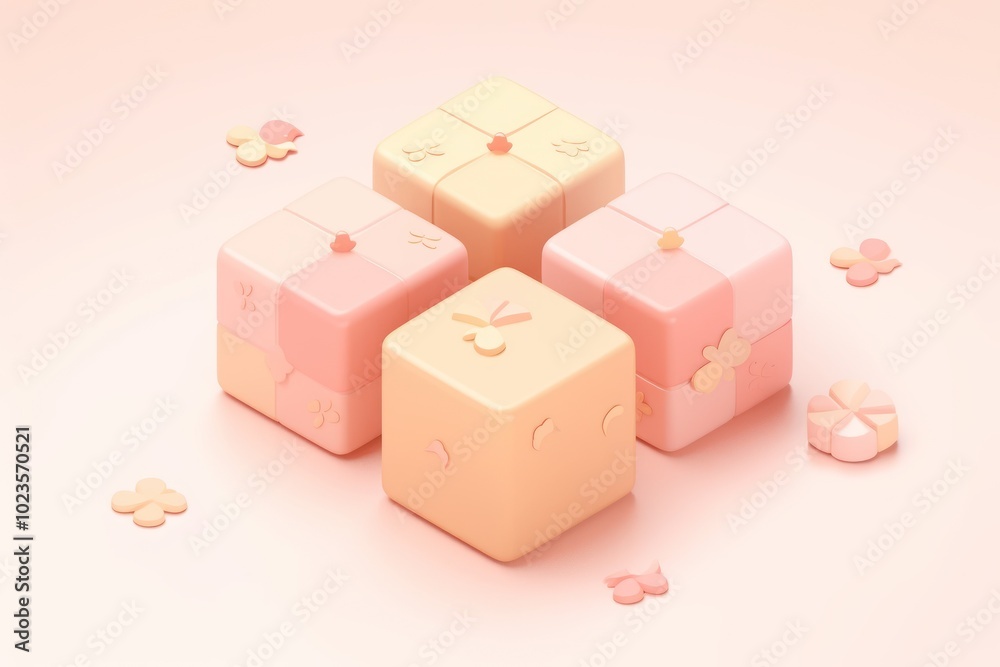 Obraz premium Four pastel-colored gift boxes with floral accents on a pink background