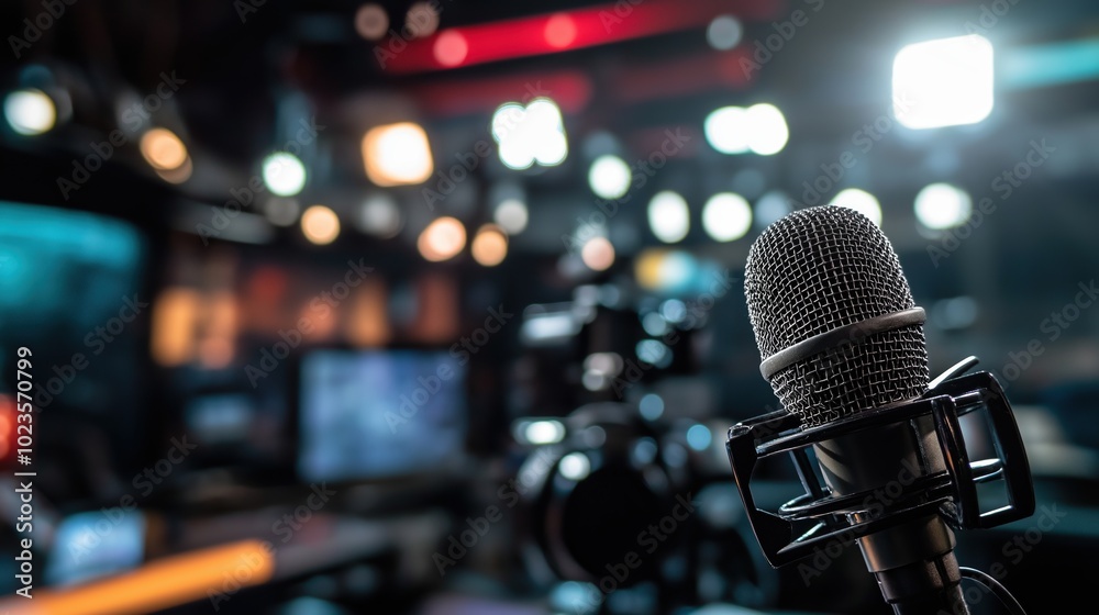 Journalist Microphone on News Desk Journalist Microphone on News Desk