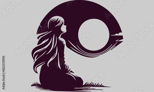 This vector illustration shows the silhouette of a woman on the beach, looking up at the full moon in awe. The soft moonlight shone on his face, creating a calm and peaceful atmosphere