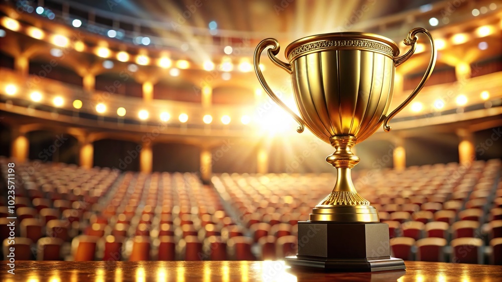 Grand golden trophy in spotlight of award ceremony hall extreme close-up