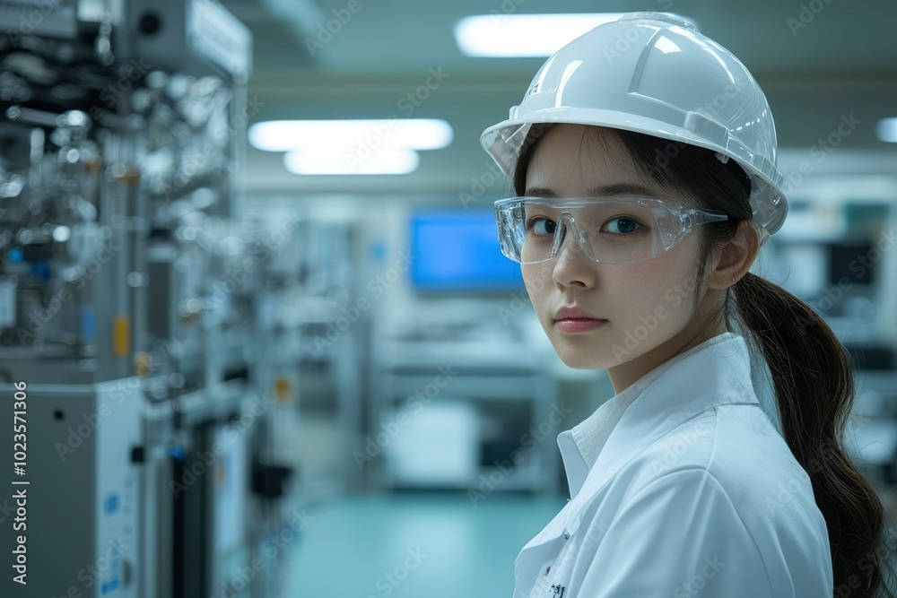A Female Scientist in a Lab Coat and Hard Hat A Female Scientist in a Lab Coat and Hard Hat