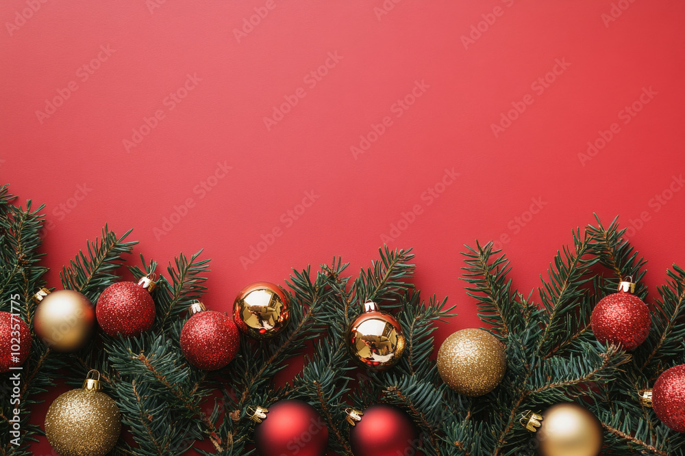 Christmas border composed of sparkling ornaments in red and gold nestled among fresh evergreen branches on a red background Christmas border composed of sparkling ornaments in red and gold nestled among fresh evergreen branches on a red background