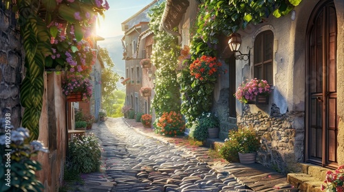 Enchanting Sunrise in a Charming Cobblestone Village Blooming Baskets and Oldworld Charm