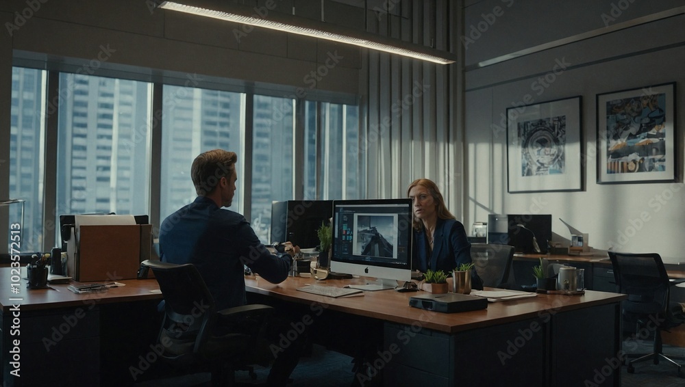 Two professionals engaged in a discussion at their desks in a modern office environment during daylight hours. Two professionals engaged in a discussion at their desks in a modern office environment during daylight hours.