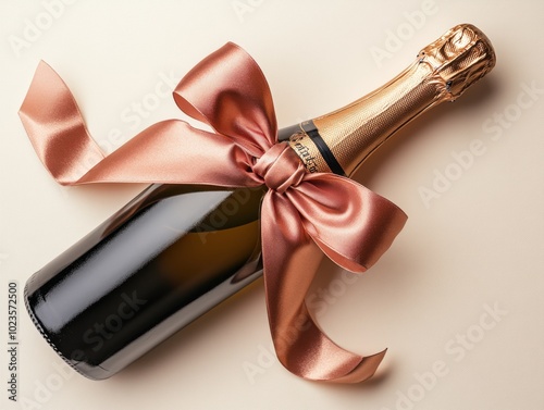 A gift-wrapped bottle of champagne with a bow, isolated on white background.  photo