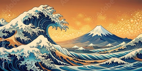 Japanese style background material with big waves and Mt Fuji Point of View