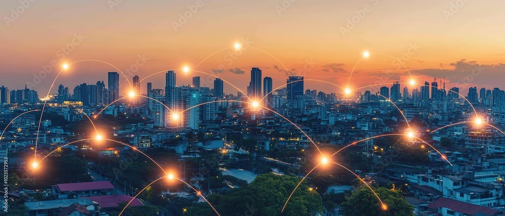 A panoramic view of a city skyline at sunset with glowing lines connecting the buildings, representing the interconnectedness of the modern urban landscape. A panoramic view of a city skyline at sunset with glowing lines connecting the buildings, representing the interconnectedness of the modern urban landscape.