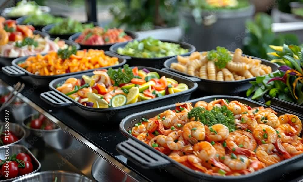 A Diverse Buffet Spread with Shrimp in Focus
