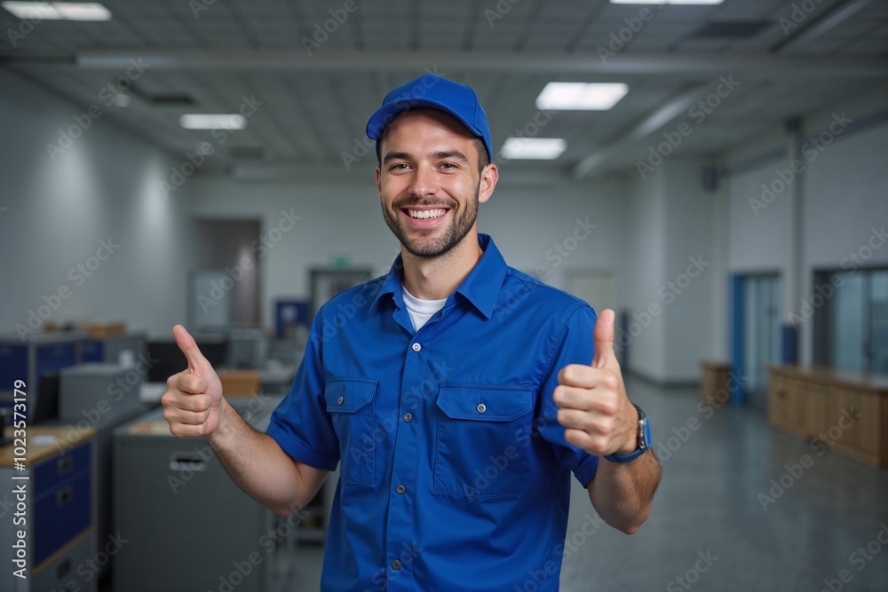 Industrial Worker Giving Thumbs Up in Warehouse
Industrial Worker Giving Thumbs Up in Warehouse