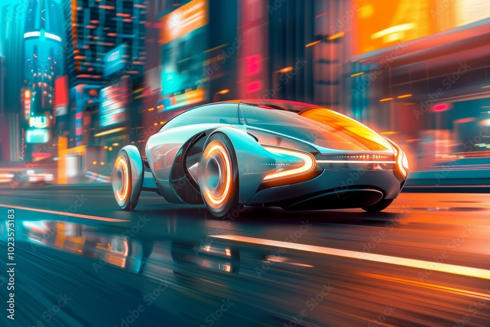 Futuristic autonomous electric car is speeding through a futuristic city center at night Futuristic autonomous electric car is speeding through a futuristic city center at night
