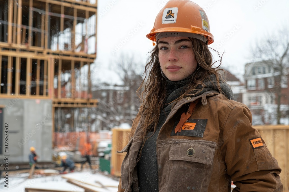 Young Woman Construction Worker in Hard Hat and Jacket Young Woman Construction Worker in Hard Hat and Jacket