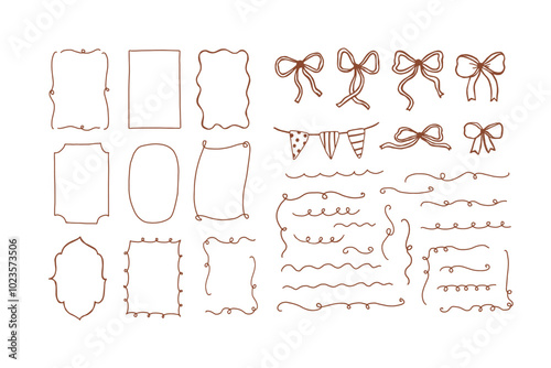 Set of ribbon, bow and frame doodle isolated on white background. Vintage wedding line art drawing sketch. Birthday gift border retro graphic. Abstract party cute tie. Vector outline illustration
