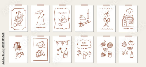 Set of autumn doodle cards design. Cute ghost, fall elements poster template background. Fall sketch hand drawn greeting card. Autumn line art elements holiday invitation. Vector outline illustration