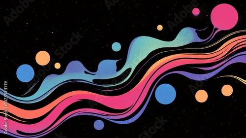 A vibrant abstract design featuring colorful waves and circles against a black background.