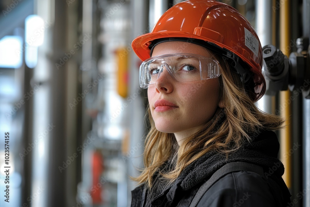 Woman in Safety Gear Looking Away in a Factory Setting Woman in Safety Gear Looking Away in a Factory Setting