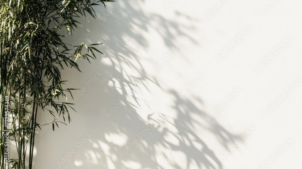bamboo leaves and the shadows against white wall under the sun's light, with empty space for copy on the right side of the frame bamboo leaves and the shadows against white wall under the sun's light, with empty space for copy on the right side of the frame