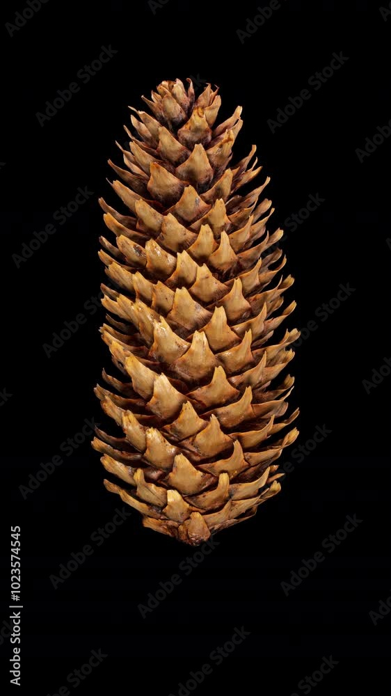 Pine Cone Opening in Time Lapse on a Black Background. Fir Tree Cone Moving Isolated on Black Background. Abies Tree