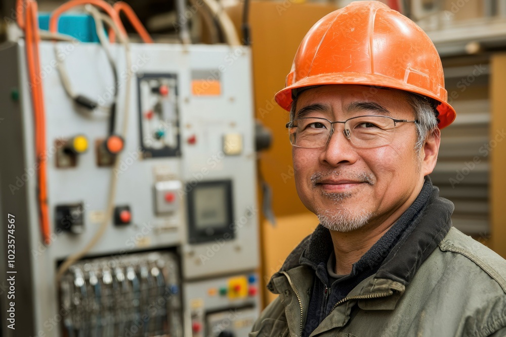 A Portrait of a Senior Asian Man Wearing a Hard Hat and Glasses A Portrait of a Senior Asian Man Wearing a Hard Hat and Glasses
