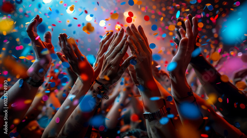 New Year's Celebration with Raised Hands and Confetti .Crowd celebrating the New Year with raised hands and colorful confetti in a festive nighttime environment.
