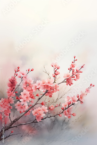 Japanese Cherry blossom art watercolor painting of a sakura branch in springtime with a floral design style.