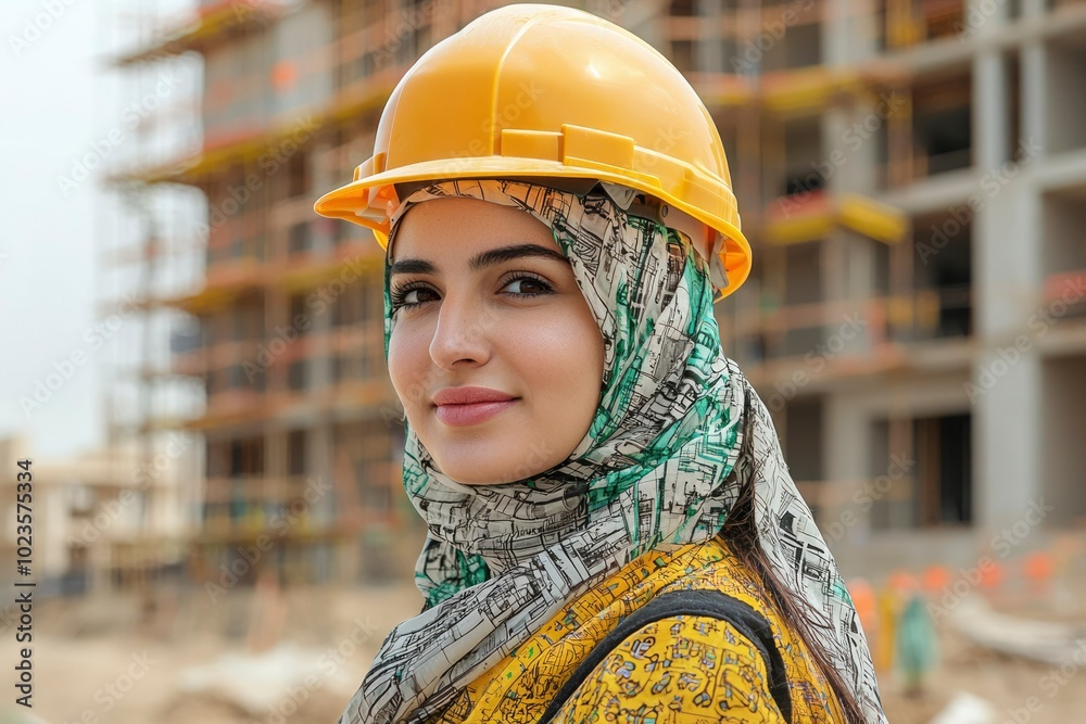 A Muslim Woman in a Yellow Hardhat Stands Before an Under Construction Building A Muslim Woman in a Yellow Hardhat Stands Before an Under Construction Building