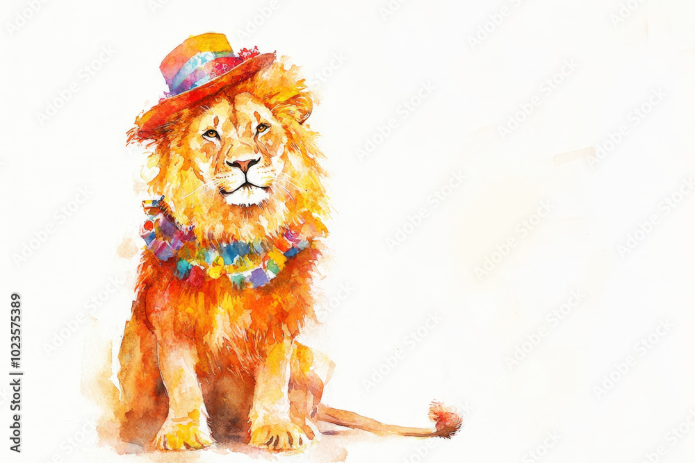 Watercolor painting of a majestic lion wearing a hat and a colorful necklace, showcasing creativity and artistry Watercolor painting of a majestic lion wearing a hat and a colorful necklace, showcasing creativity and artistry