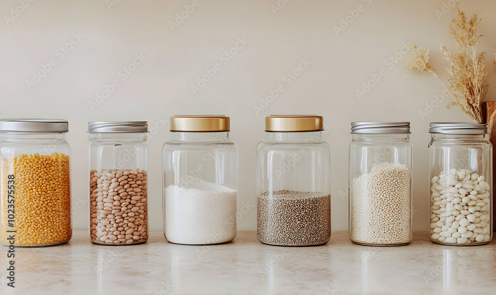 Six glass jars with various ingredients are arranged in a row on a countertop, all with silver lids and gold accents.