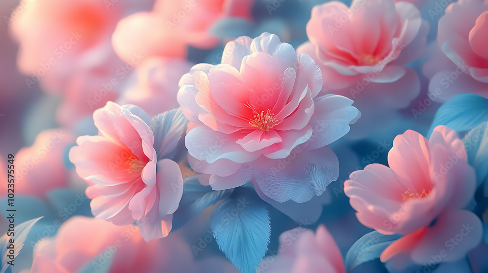 Delicate Pink Flowers with Blue Leaves Illustration Delicate Pink Flowers with Blue Leaves Illustration