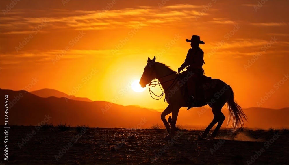 Cowboy silhouette on horseback in desert at sunrise 