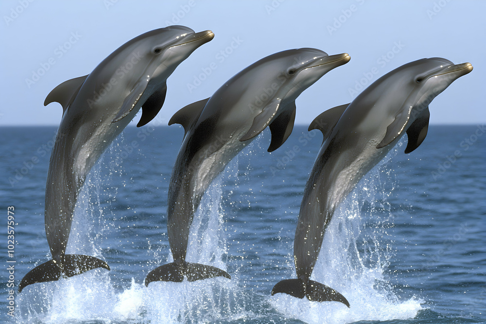 Fototapeta premium Three dolphins leap from the water in a synchronized jump, their bodies arcing gracefully against a blue sky.