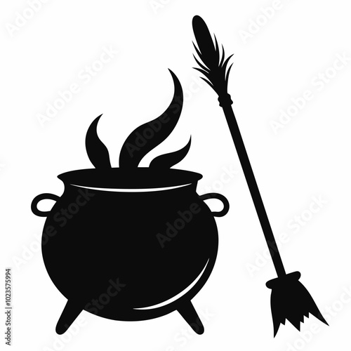 A broomstick leaning against a cauldron silhouette vector illustration on white background