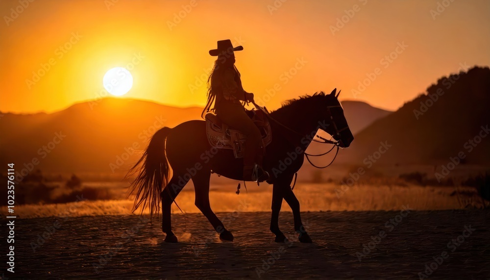 Cowboy silhouette on horseback in desert at sunrise 