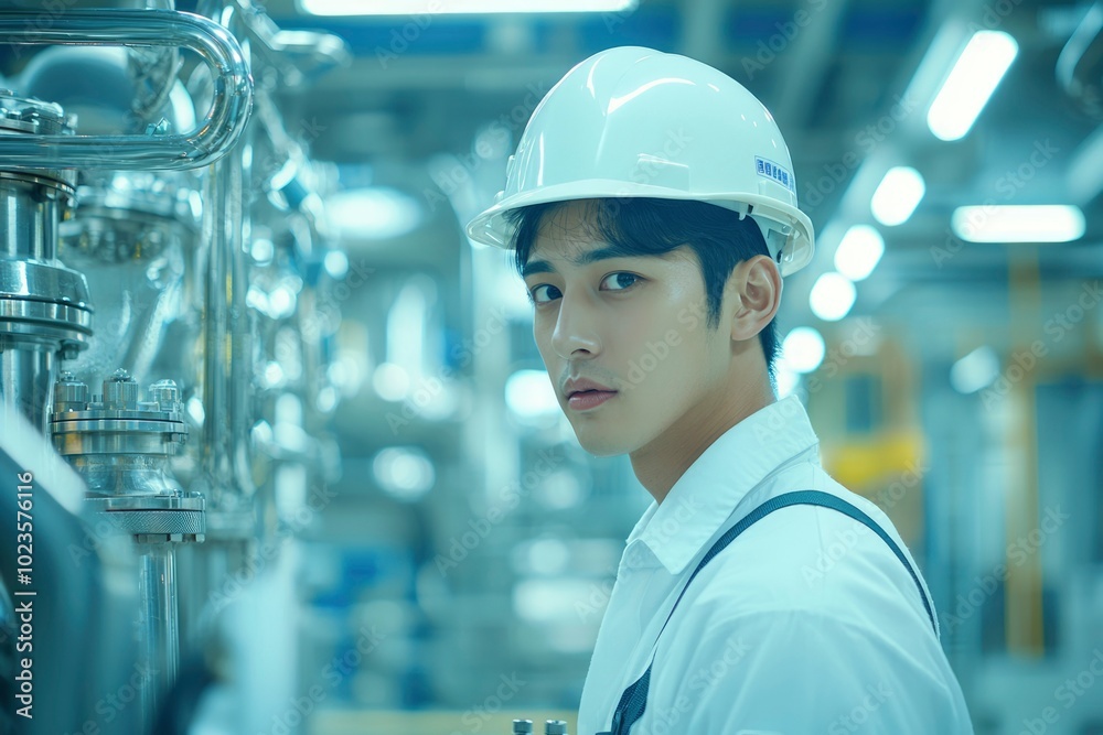 A Young Man Wearing a Hard Hat in an Industrial Setting A Young Man Wearing a Hard Hat in an Industrial Setting