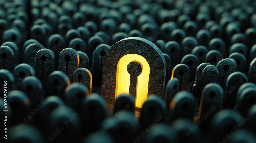 Obraz premium A glowing keyhole stands out among a sea of dark, abstract shapes, AI
