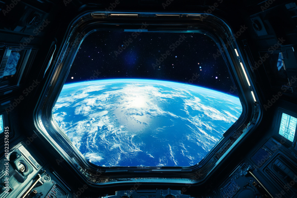 View of Earth planet from space station window with clouds and atmosphere against the backdrop of space View of Earth planet from space station window with clouds and atmosphere against the backdrop of space