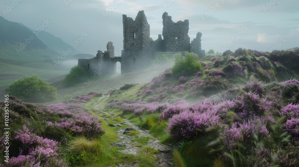 Fototapeta premium Majestic Scottish Castle Ruin Enchanting Misty Trail Through Heather Fields